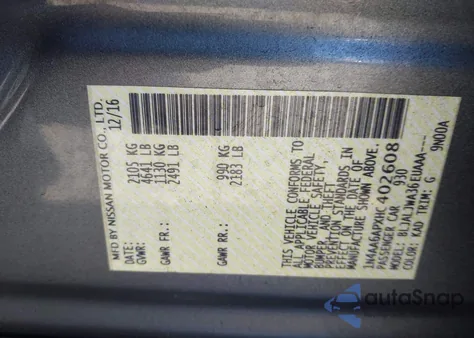 2017 Nissan Maxima 3.5 Sv из США, поврежденный, VIN 1N4AA6APXHC402608